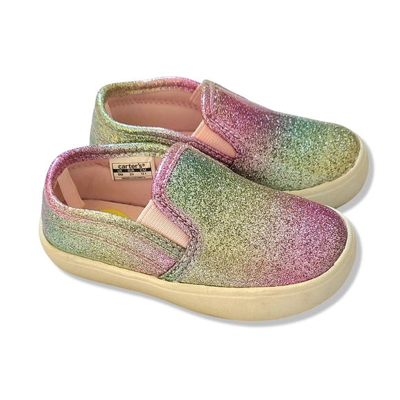 Carter's Toddler Girls Size 5 Glitter Slip-On Sneakers Pink and Green Sparkles - Picture 1 of 7
